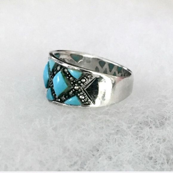 Vintage Sterling Turquoise Marcasite Inlay Ring 7.75 - Picture 8 of 12
